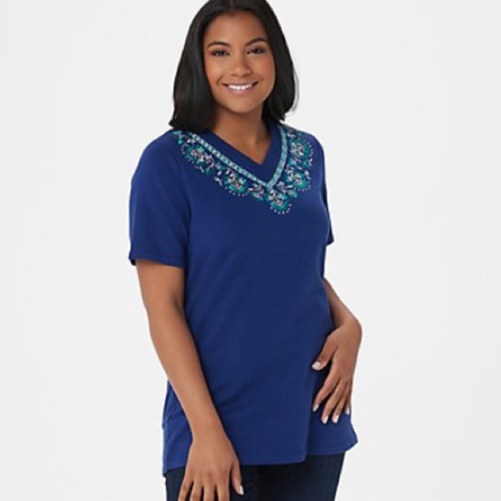 Short sleeve embroidered top NAVY